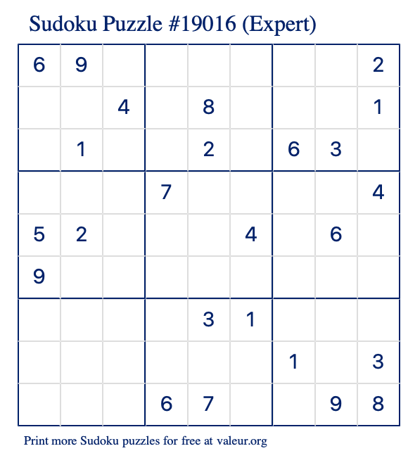 Free Printable Expert Sudoku Puzzle number 19016