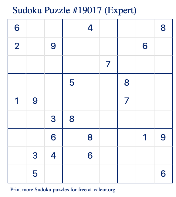Free Printable Expert Sudoku Puzzle number 19017