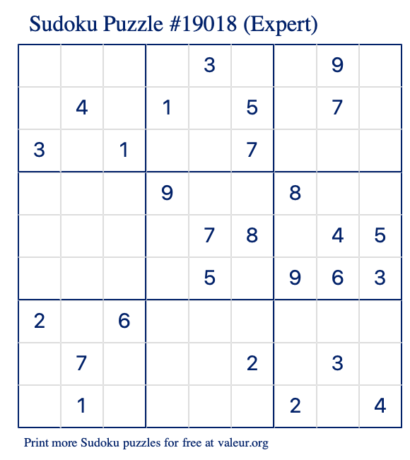 Free Printable Expert Sudoku Puzzle number 19018