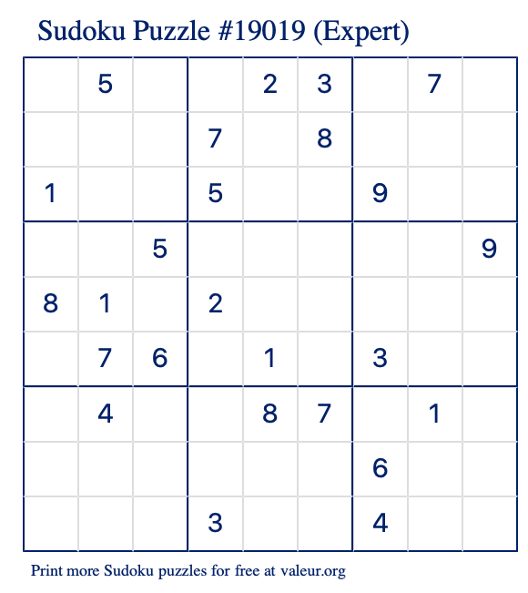 Free Printable Expert Sudoku Puzzle number 19019
