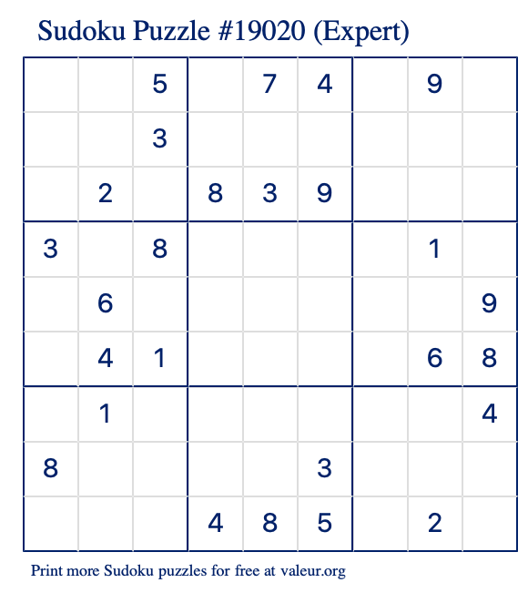 Free Printable Expert Sudoku Puzzle number 19020