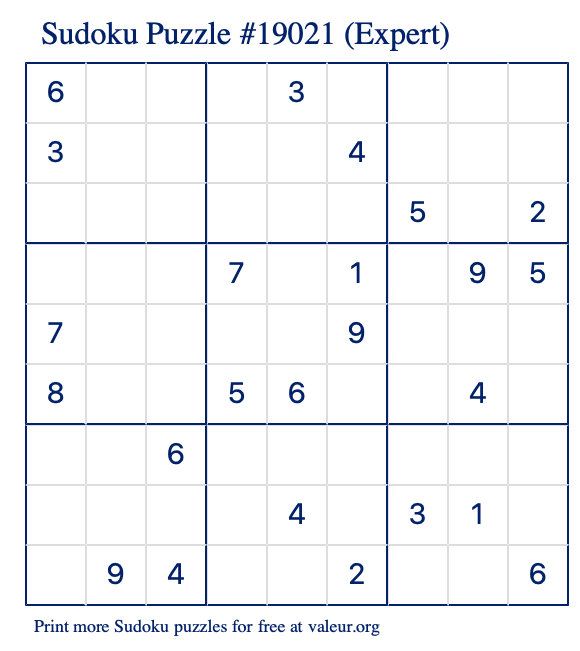 Free Printable Expert Sudoku Puzzle number 19021