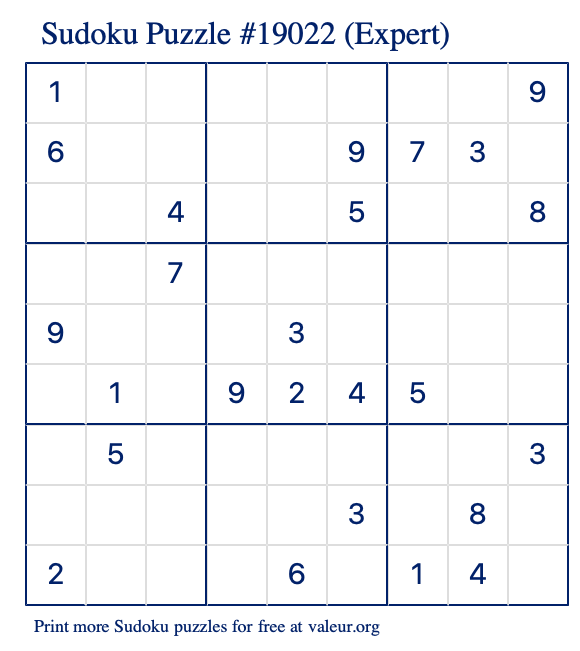 Free Printable Expert Sudoku Puzzle number 19022