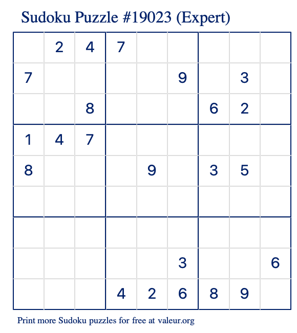Free Printable Expert Sudoku Puzzle number 19023