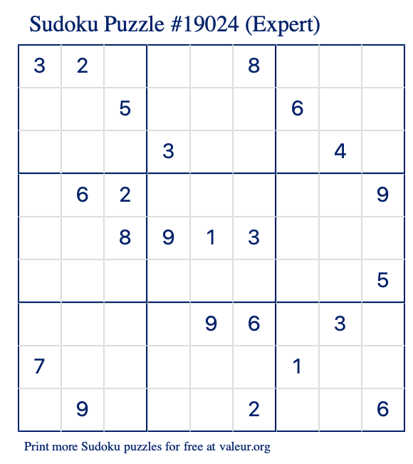 Free Printable Expert Sudoku Puzzle number 19024
