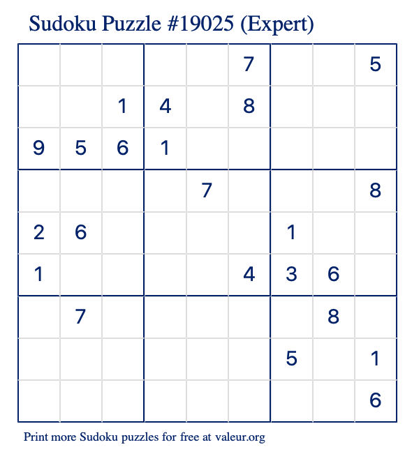 Free Printable Expert Sudoku Puzzle number 19025