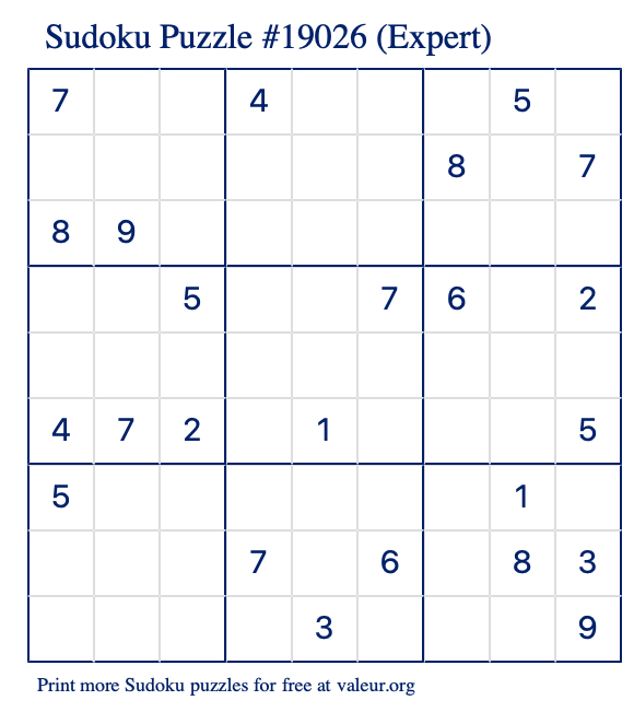 Free Printable Expert Sudoku Puzzle number 19026