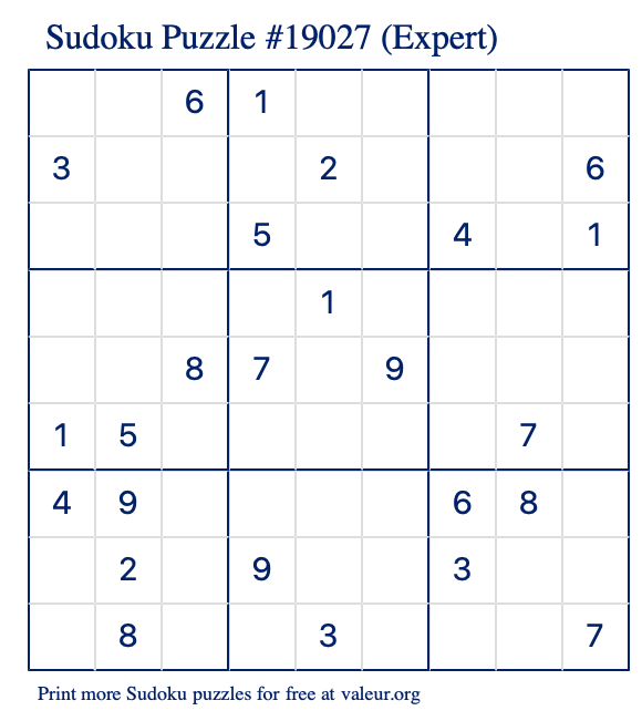 Free Printable Expert Sudoku Puzzle number 19027