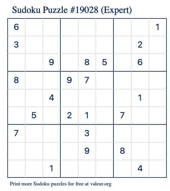Free Printable Expert Sudoku Puzzle number 19028