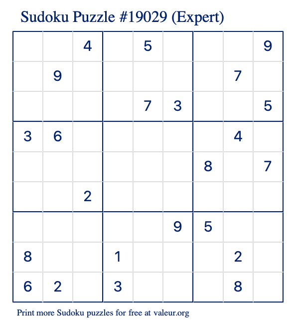 Free Printable Expert Sudoku Puzzle number 19029