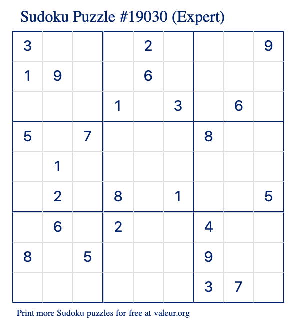Free Printable Expert Sudoku Puzzle number 19030