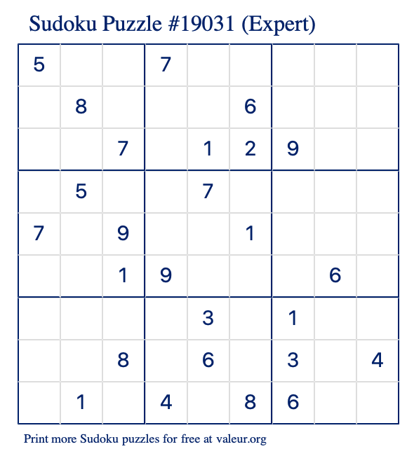 Free Printable Expert Sudoku Puzzle number 19031