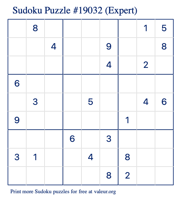 Free Printable Expert Sudoku Puzzle number 19032