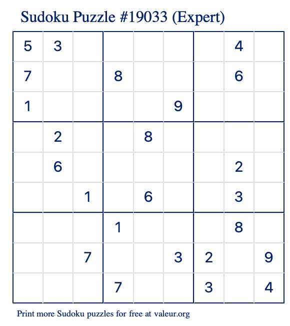 Free Printable Expert Sudoku Puzzle number 19033
