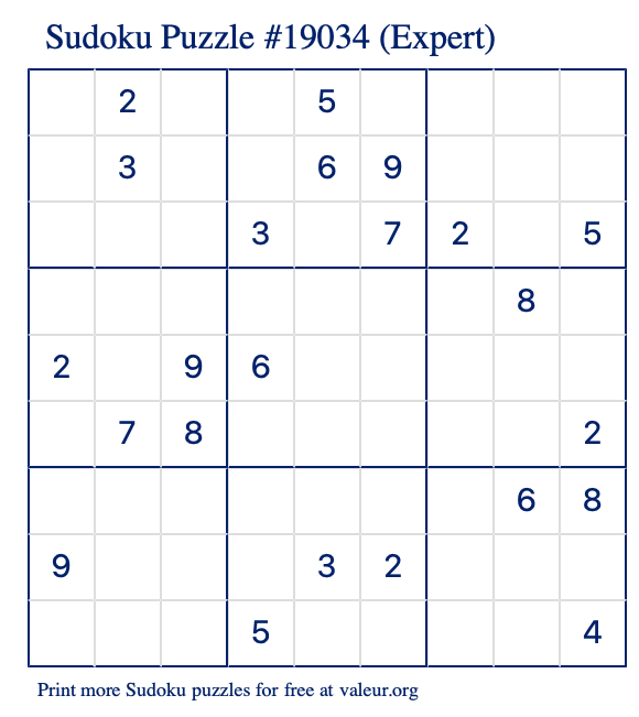 Free Printable Expert Sudoku Puzzle number 19034