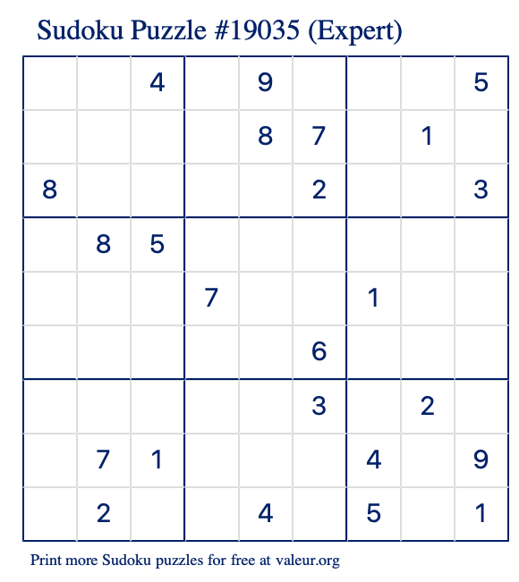 Free Printable Expert Sudoku Puzzle number 19035