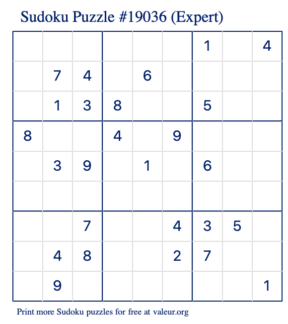 Free Printable Expert Sudoku Puzzle number 19036