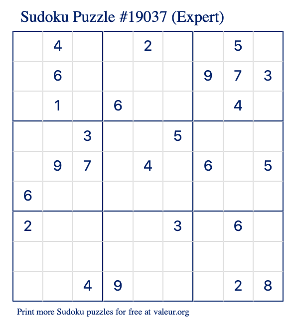 Free Printable Expert Sudoku Puzzle number 19037