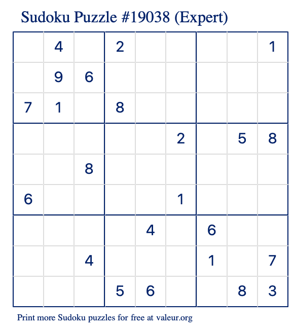 Free Printable Expert Sudoku Puzzle number 19038