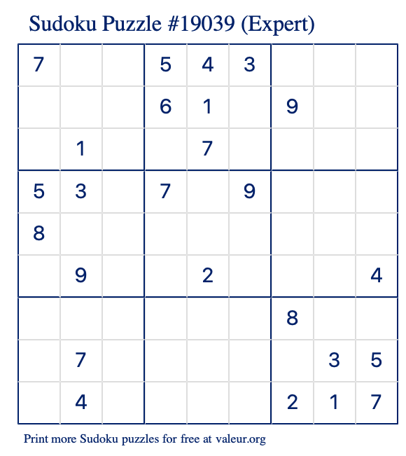 Free Printable Expert Sudoku Puzzle number 19039