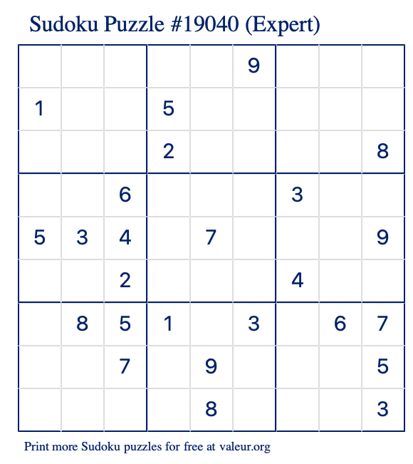 Free Printable Expert Sudoku Puzzle number 19040