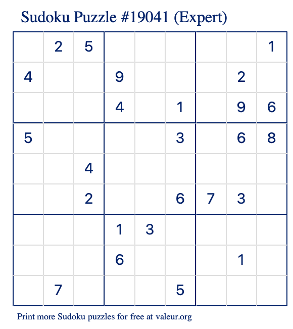 Free Printable Expert Sudoku Puzzle number 19041