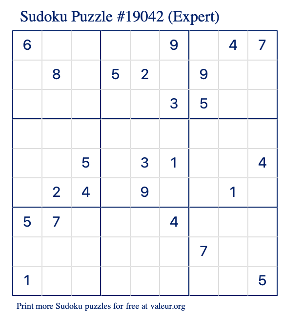 Free Printable Expert Sudoku Puzzle number 19042