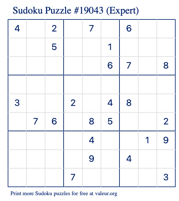 Free Printable Expert Sudoku Puzzle number 19043