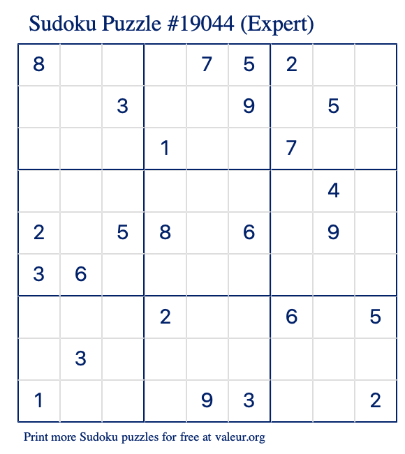 Free Printable Expert Sudoku Puzzle number 19044