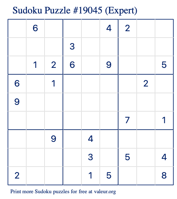 Free Printable Expert Sudoku Puzzle number 19045