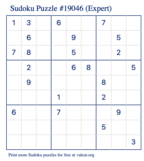 Free Printable Expert Sudoku Puzzle number 19046