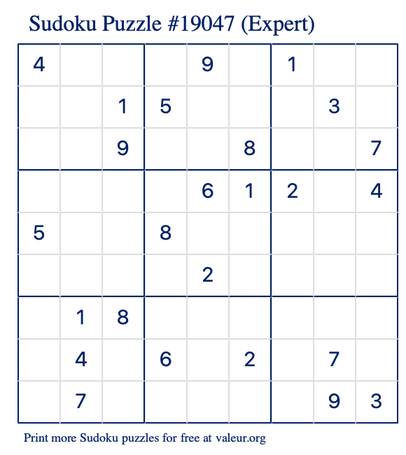 Free Printable Expert Sudoku Puzzle number 19047