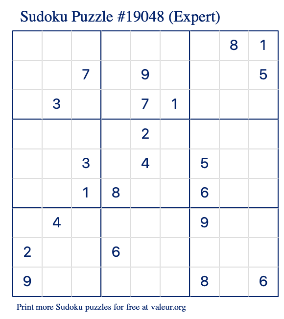 Free Printable Expert Sudoku Puzzle number 19048