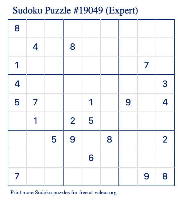 Free Printable Expert Sudoku Puzzle number 19049