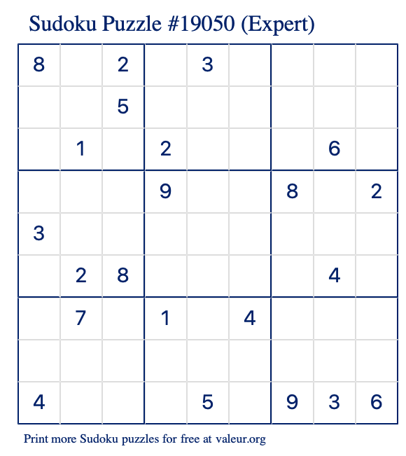 Free Printable Expert Sudoku Puzzle number 19050