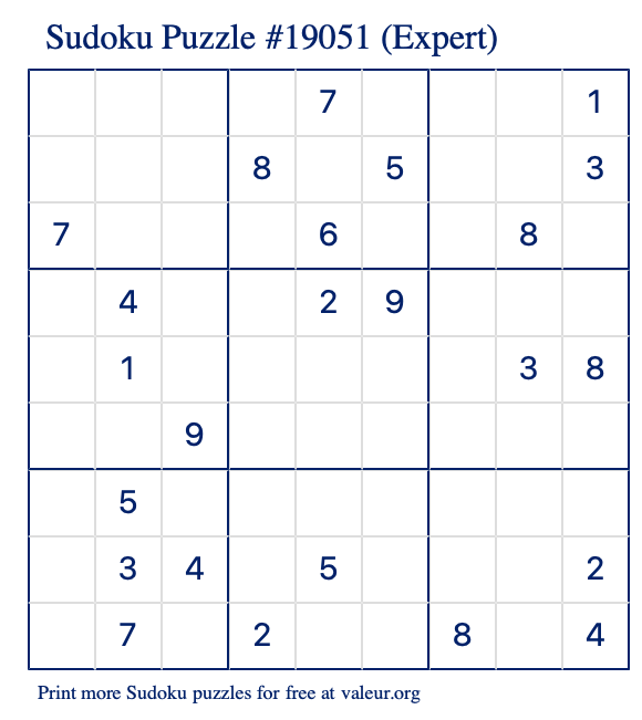 Free Printable Expert Sudoku Puzzle number 19051