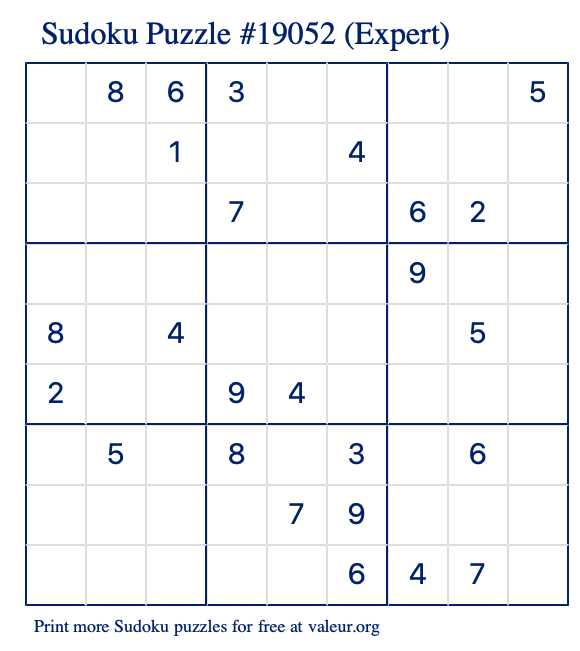 Free Printable Expert Sudoku Puzzle number 19052