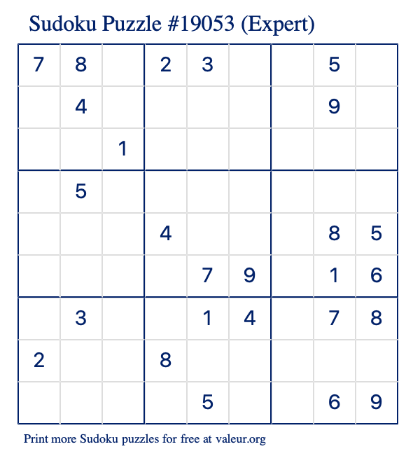 Free Printable Expert Sudoku Puzzle number 19053