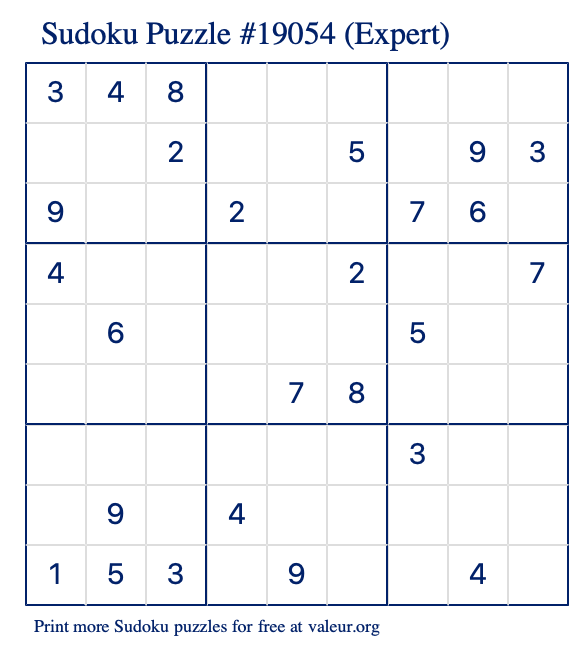 Free Printable Expert Sudoku Puzzle number 19054