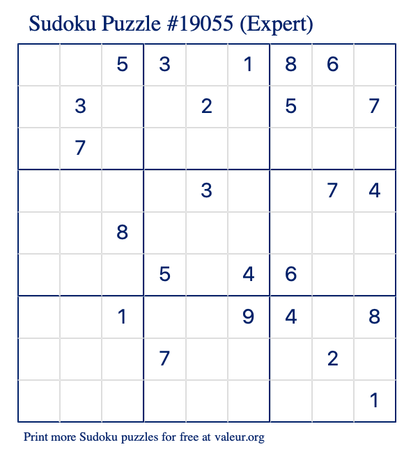 Free Printable Expert Sudoku Puzzle number 19055