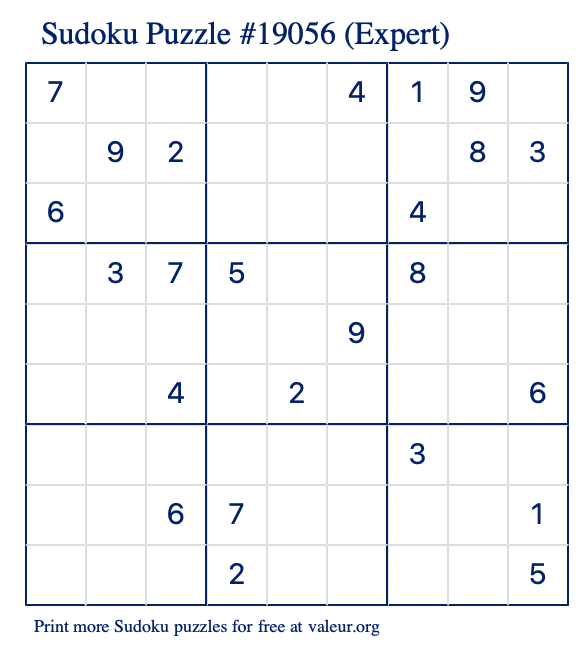 Free Printable Expert Sudoku Puzzle number 19056