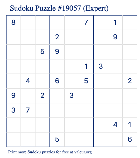 Free Printable Expert Sudoku Puzzle number 19057