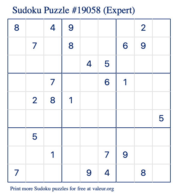 Free Printable Expert Sudoku Puzzle number 19058