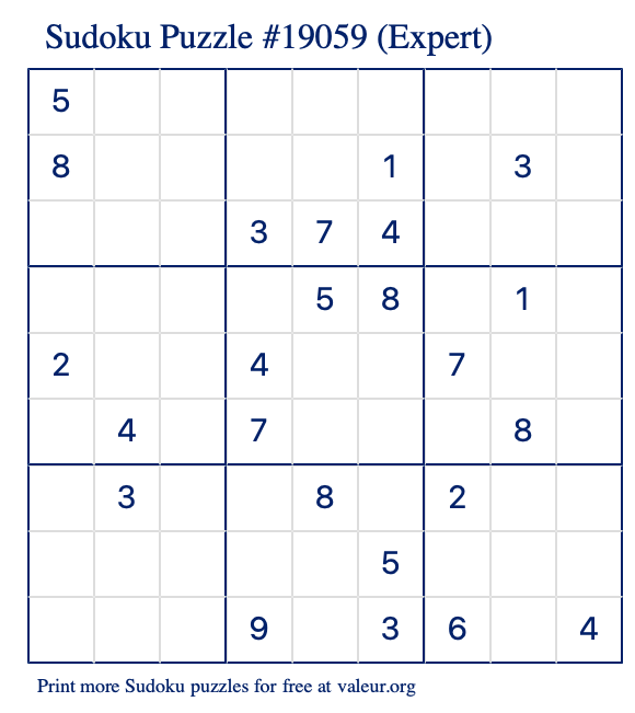 Free Printable Expert Sudoku Puzzle number 19059