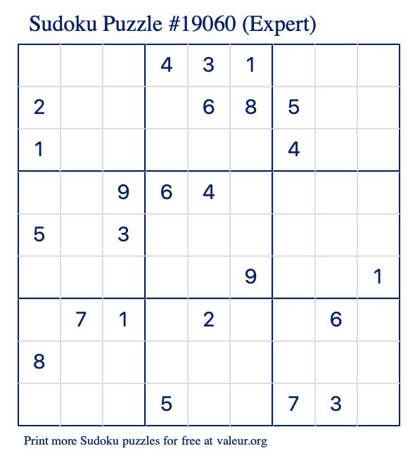 Free Printable Expert Sudoku Puzzle number 19060