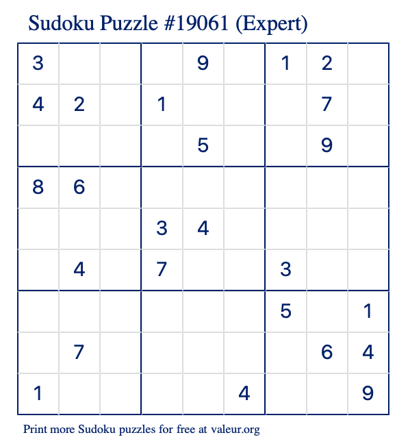 Free Printable Expert Sudoku Puzzle number 19061