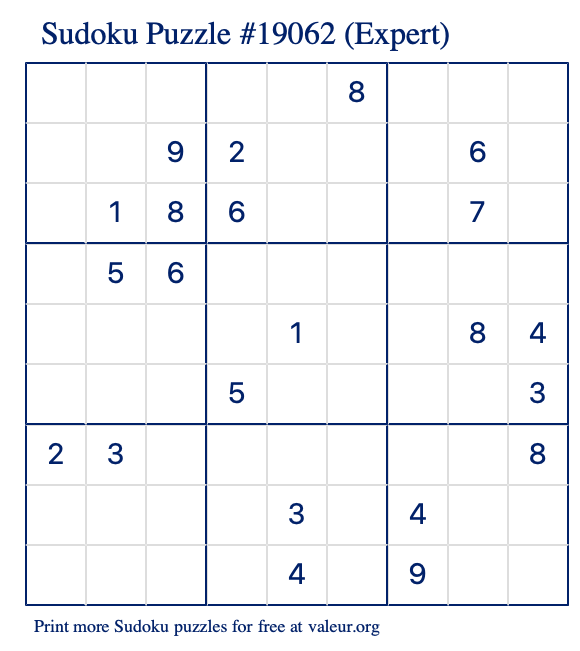 Free Printable Expert Sudoku Puzzle number 19062