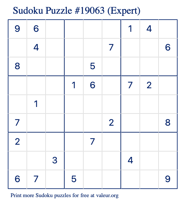 Free Printable Expert Sudoku Puzzle number 19063