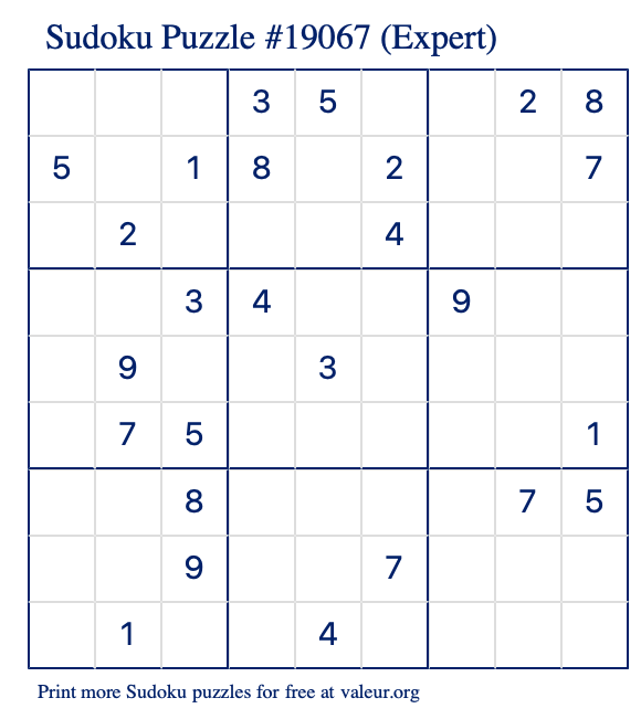 Free Printable Expert Sudoku Puzzle number 19067