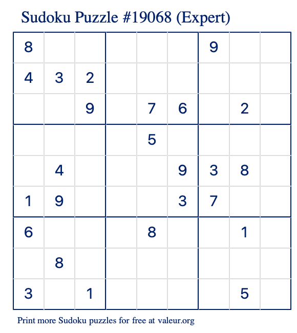 Free Printable Expert Sudoku Puzzle number 19068